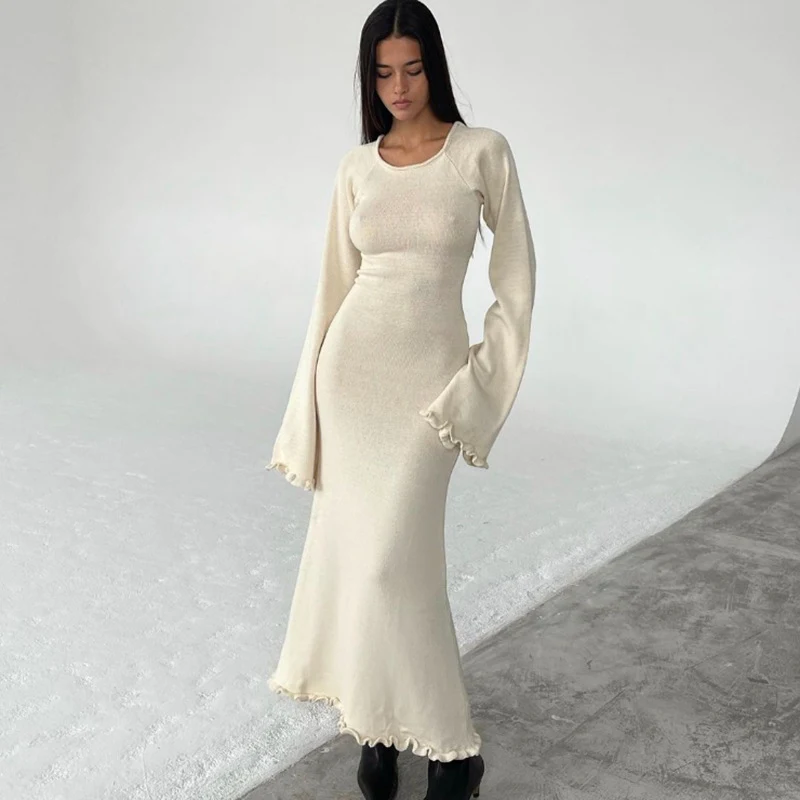 Abito lungo in maglia senza schienale da donna, tinta unita con bordo grezzo, perfetto per un look elegante e confortevole, ideale per l'estate. — foto 6