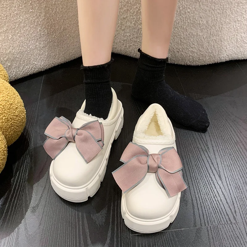 Chinelos de algodão com laço, quentes com veludo, à prova d'água, para casa, plataforma interna, sapatos de algodão – conforto e estilo. — foto 8