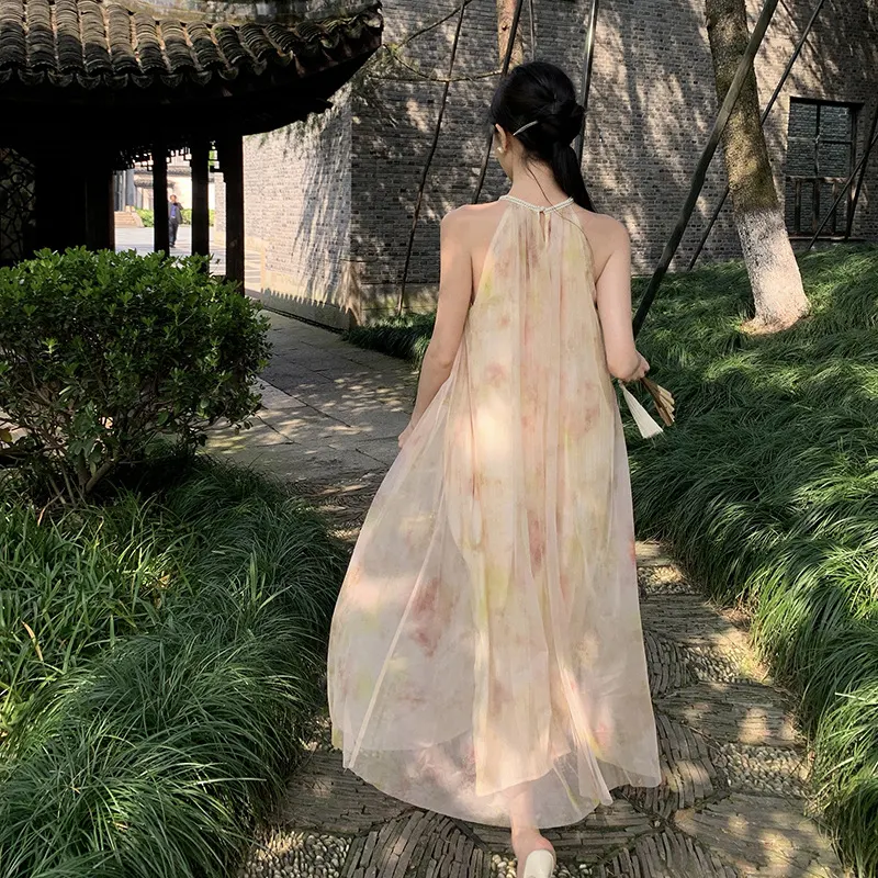 New Chinese Style Halter Mesh Dress Loose Big Hem Printing — photo 4