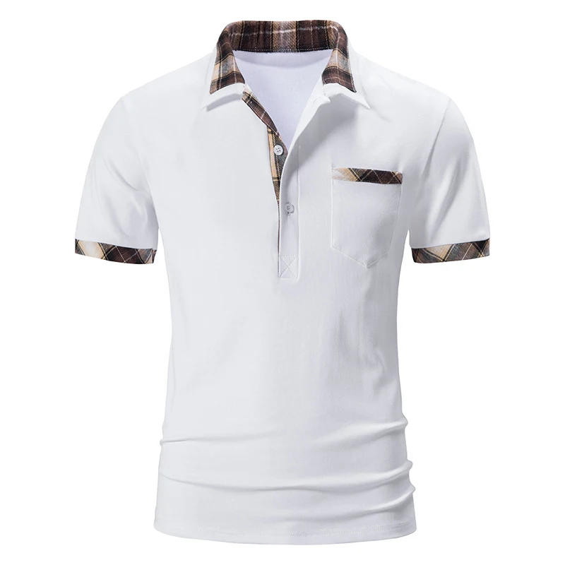Camiseta Polo Básica de Manga Curta Masculina de Verão com Padronagem Xadrez e Blocos de Cor, Conforto para o Verão — foto 1