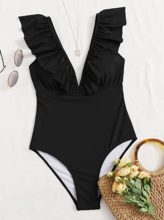 Pure Color Pleated One-piece Swimsuit Fashionable Sexy Slim Bikini offers a flattering fit, enhancing your natural curve — photo 2