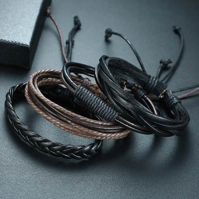 Conjunto de pulseiras masculinas de couro PU trançado ajustável (quatro peças). Design elegante e conforto para usar em qualquer situação. — foto 1