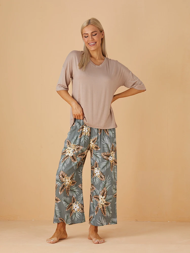 Title 7, Cropped Homewear Pajamas Suit Womens Cotton Silk