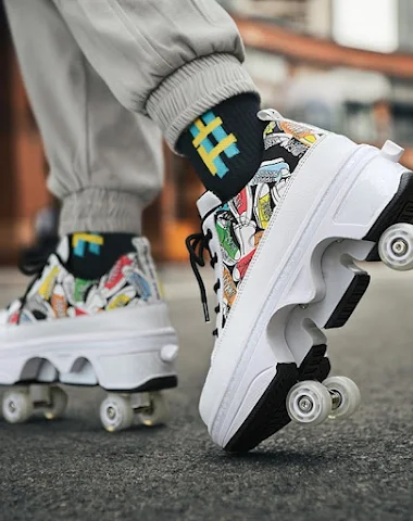Adult male and female four wheel deformation sports shoes with light pulley. Student shoes for fun, fitness and versatil