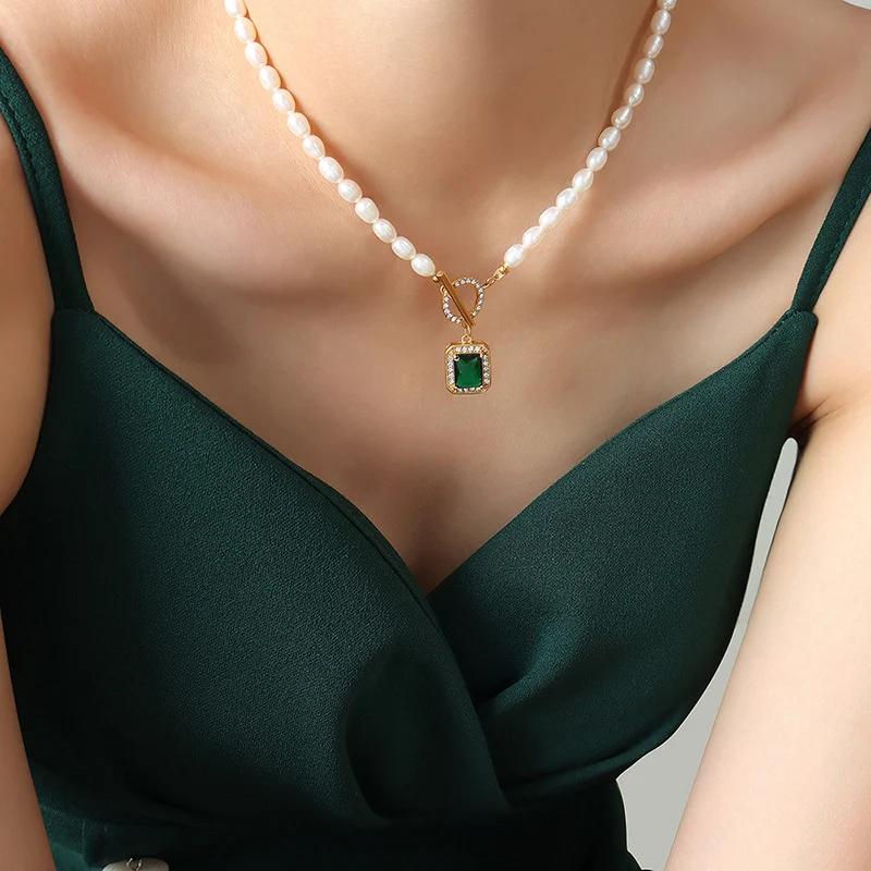 Colar de corrente clavícula retrô com pingente de vento, zircônia e pérola de água doce com fivela OT, elegante e charmoso. — foto 18