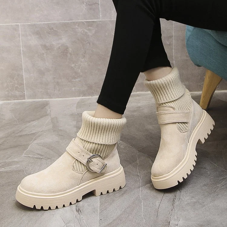 Botas femininas de tornozelo de tricô, estilo britânico, fivela, solado grosso antiderrapante, sapatos de inverno. — foto 4