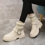 Botas femininas de tornozelo de tricô, estilo britânico, fivela, solado grosso antiderrapante, sapatos de inverno. — foto 4