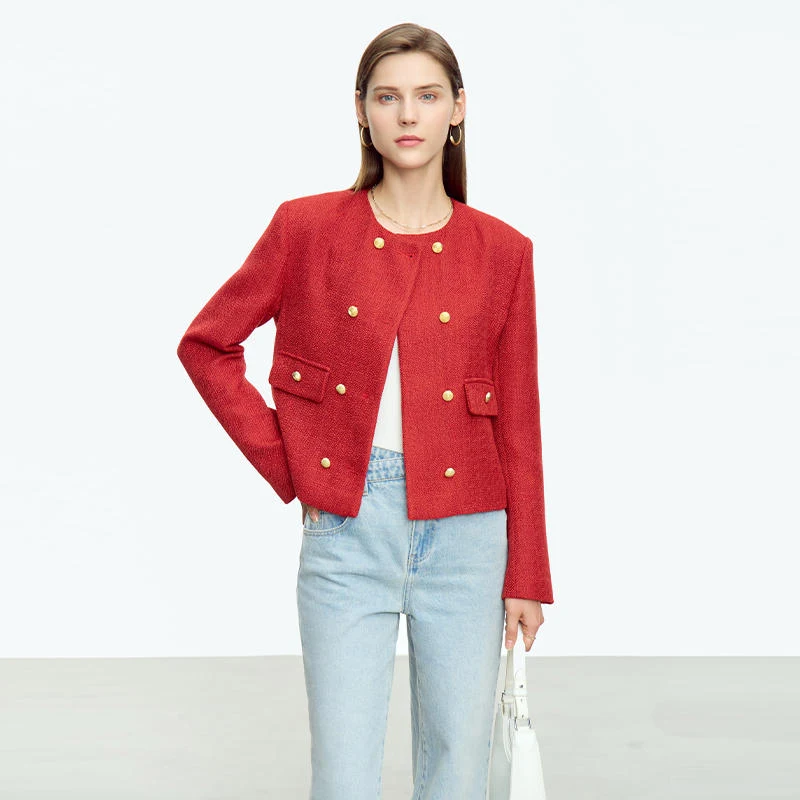Damen Frühlingsjacke locker Rundhals Doppelreiher Kurz Mantel für Frühling. Bequeme Passform und stilvolles Design für den Alltag. — foto 2