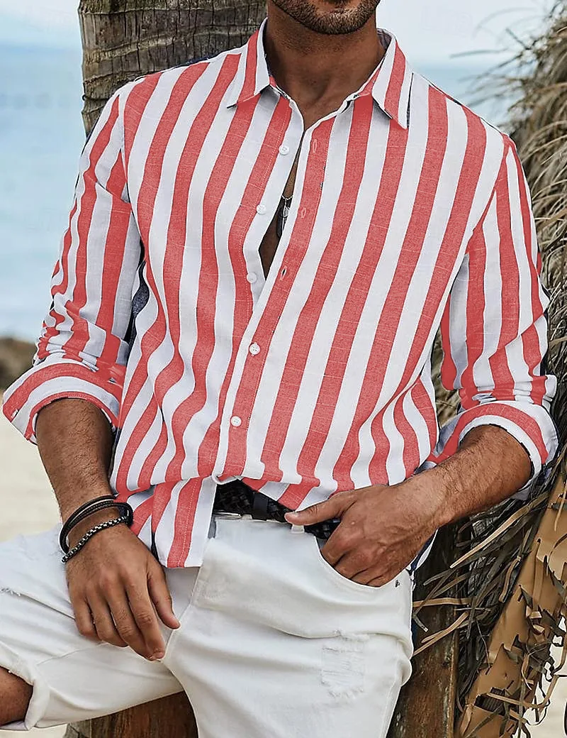 Camisa masculina de manga longa com estampa listrada, tops casuais para uso diário. Roupa masculina moderna e confortável para o dia a dia com estilo. — foto 5