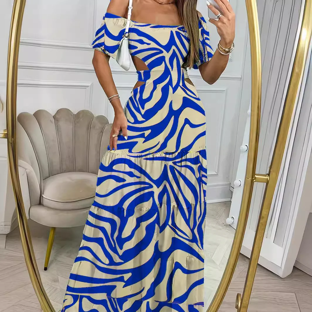 Title 5, Printed One-line Collar Short-sleeved Long Dres...