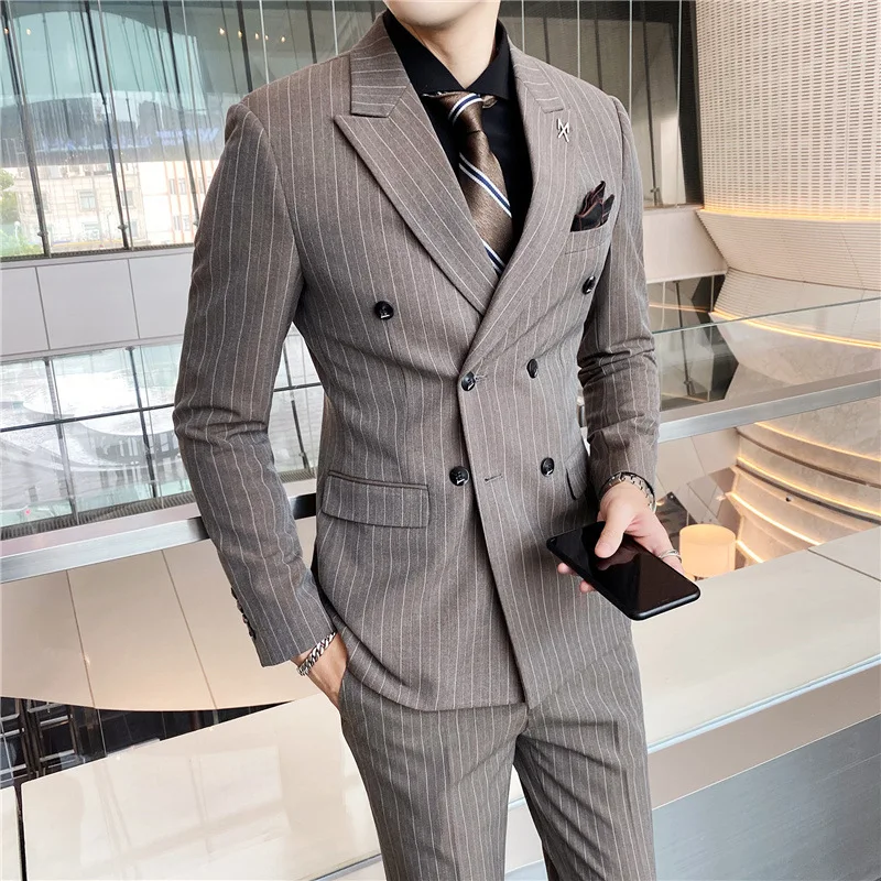 Title 7, Mens Business Casual Double Breasted Striped S...