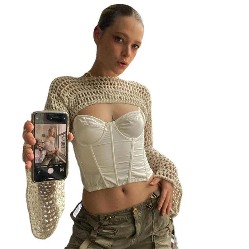 Title 3, Loose flare long sleeve short solid hollow swea...