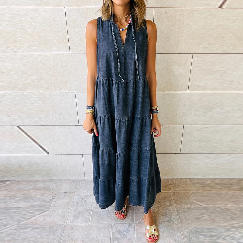 Women's Sleeveless Denim Fashion Retro High Waist Layered Dress — photo 12