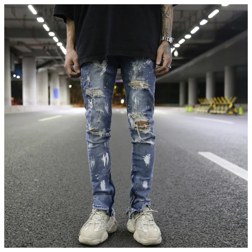 Slim fit jeans met ritssluiting, spetterende inkt graffiti, gat detail, stretch en smalle pijpen, voor een trendy en comfortabele look. — foto 8