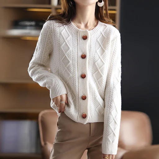 Title 3, Cardigan tricoté à col rond pour femme, pull épais