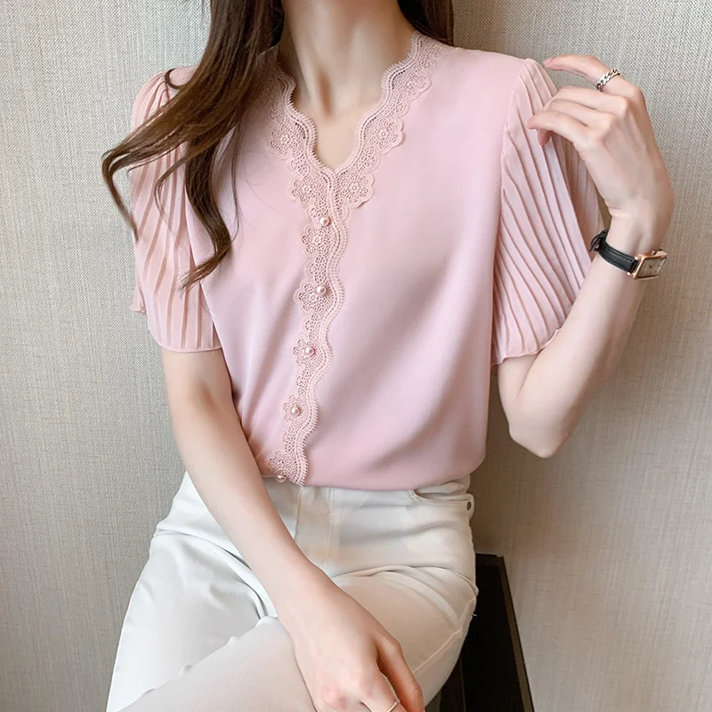 Women's Chiffon Shirt Lace V-neck Patchwork Top, a stylish and lightweight top, perfect for any occasion. Get yours now! — photo 8