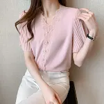 Women's Chiffon Shirt Lace V-neck Patchwork Top, a stylish and lightweight top, perfect for any occasion. Get yours now! — photo 8