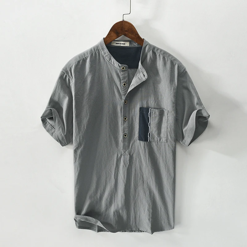 Men's cotton and linen pullover short-sleeved shirt. Breathable, lightweight, and ideal for summer. Offers comfort and c — photo 9