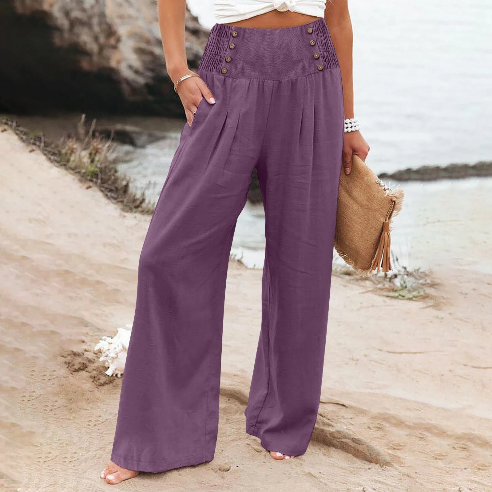Title 2, Womens Casual Elastic High Waist Cotton Linen ...