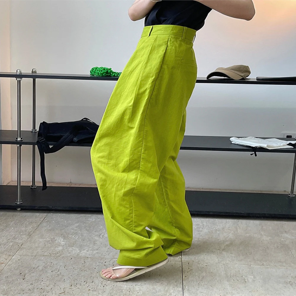 Kadınlar için Yeni Moda Keten Yüksek Bel Geniş Paça Günlük Pantolon — Fotoğraf 1