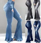 Jeans blancos de cintura alta con agujeros desgastados y flecos, delgados, para un look con personalidad y moda. Denim raro y genial para mujeres. — foto 1