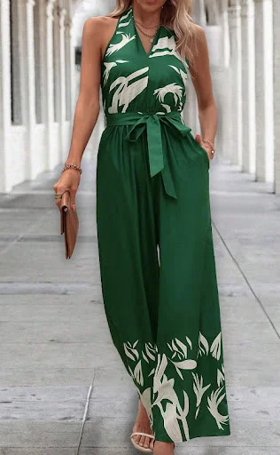 Title 15, Printed Series Belt Halter Backless Wide Leg Ju...