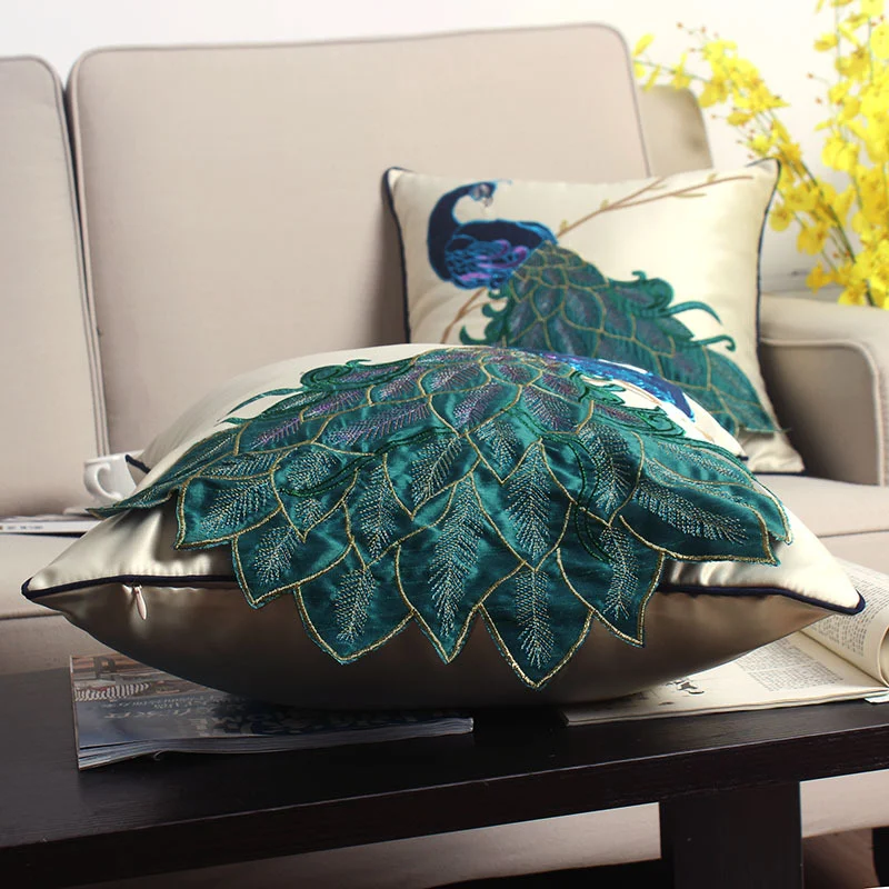 New Chinese style soft furnishing living room sofa pillow with long tail peacock embroidery. Embroidered waist pillowcas — photo 8
