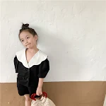 Koreaanse kinderkleding meisjes zomer dubbele rij Mori effen kleur shirt wijde pijpen five-point broek pak. Zomerse outfit voor kinderen. — foto 3