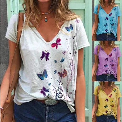 Title 6, Dandelion Butterfly Print V-neck T-shirt With S...