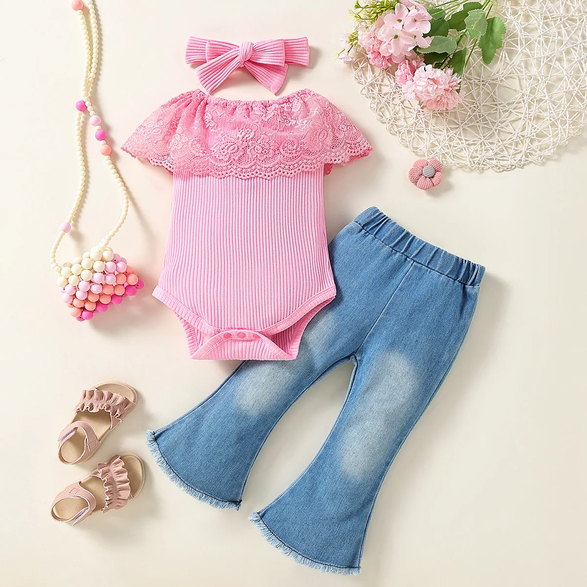 Title 3, Meisjes zomer set met gerimpelde romper en deni...