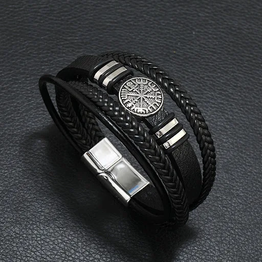Title 6, Pulseira masculina de couro trançado multicamad...
