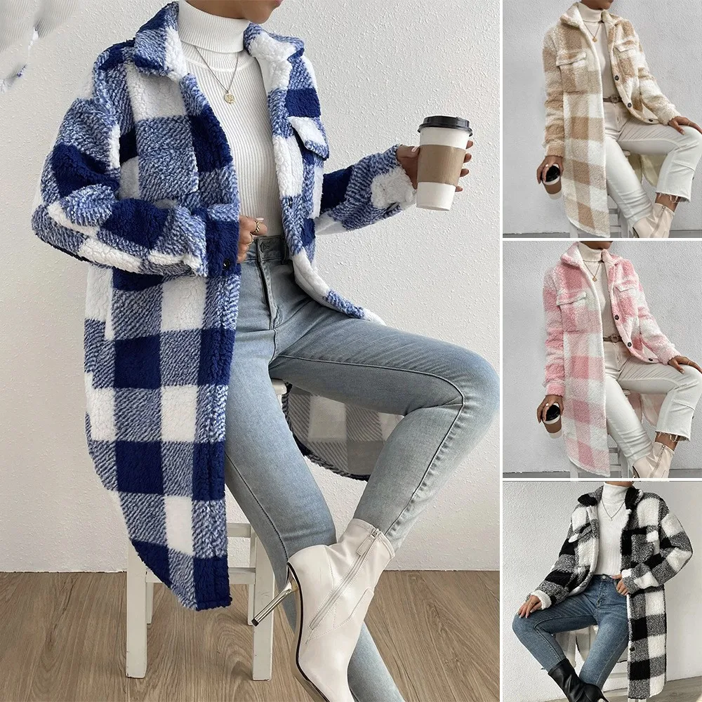 Autumn and Winter Open Button Lapel Plush Plaid Coat. Stay warm and stylish this season with this cozy and fashionable c — photo 9