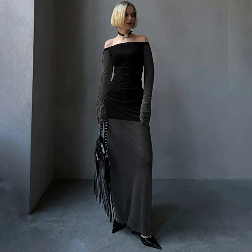 Title 17, Off-the-shoulder Long Sleeve Sexy Sheer Mesh Dress