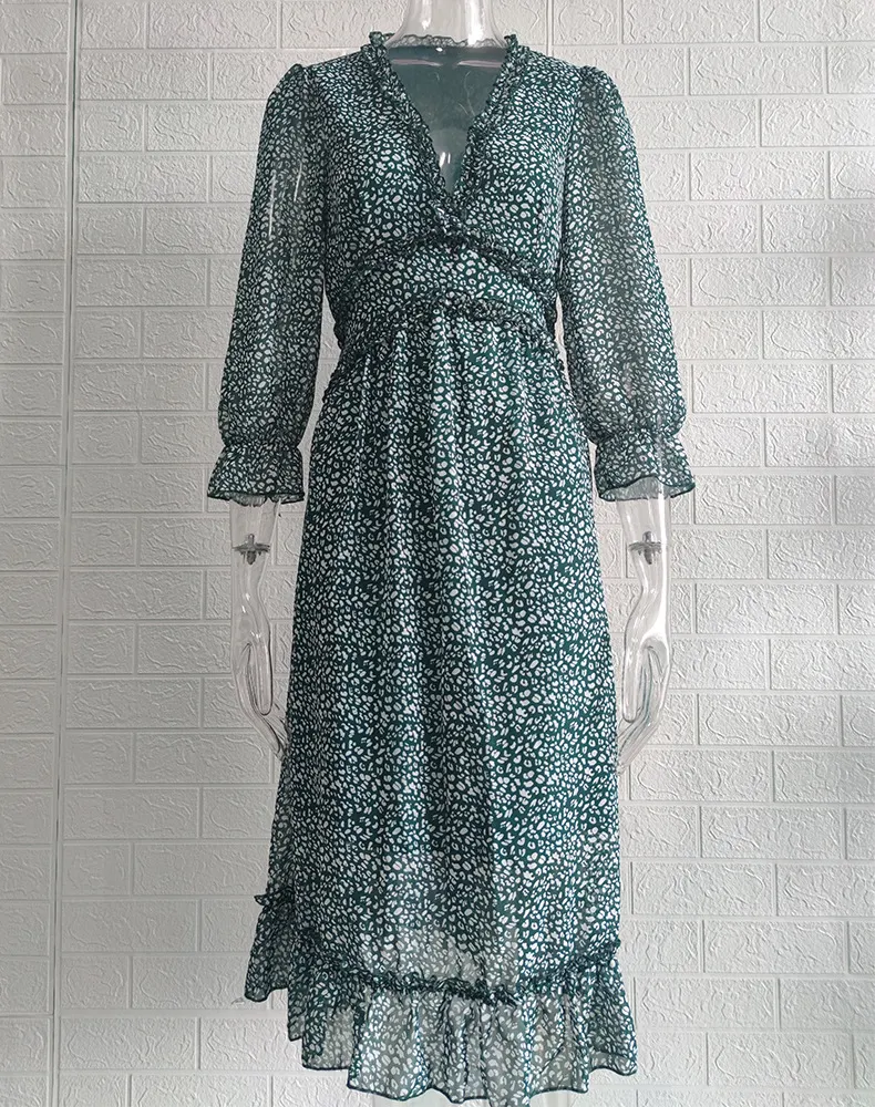 Title 7, Vacation Style Printing Dress V-neck Flounce