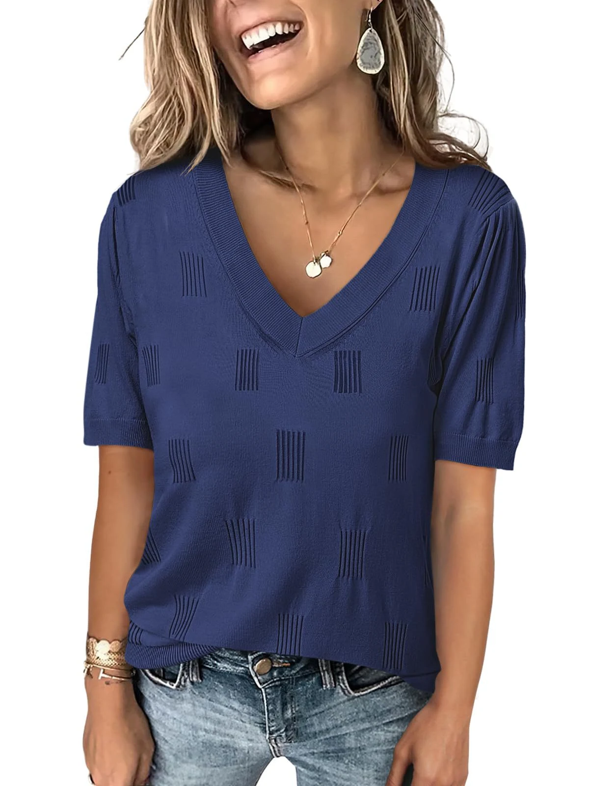 Title 8, V-neck Lightweight Thin Knit Sweater with Short...