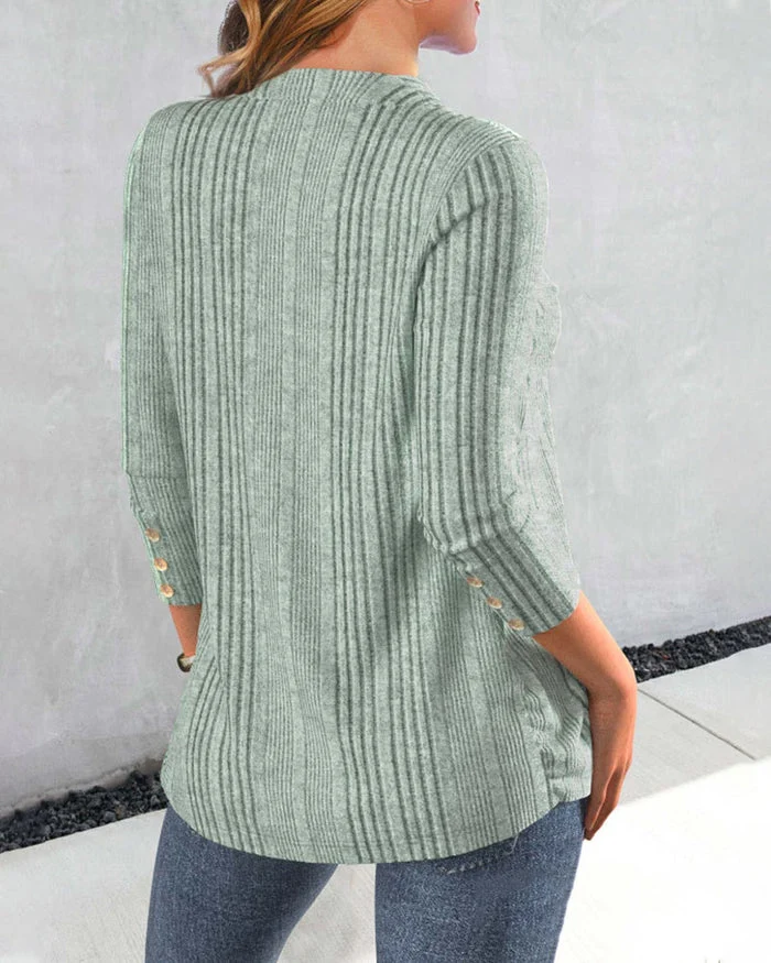 Roupas femininas com decote em V com botões e costura camiseta de manga comprida — foto 8
