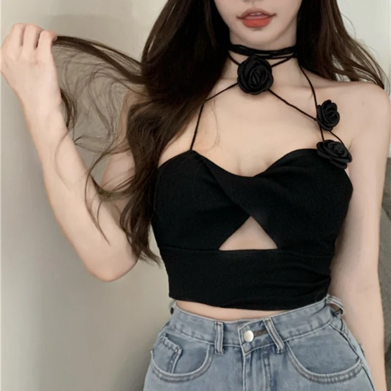 Women's Black Tight Halterneck Rose Suspender Summer Top — photo 4