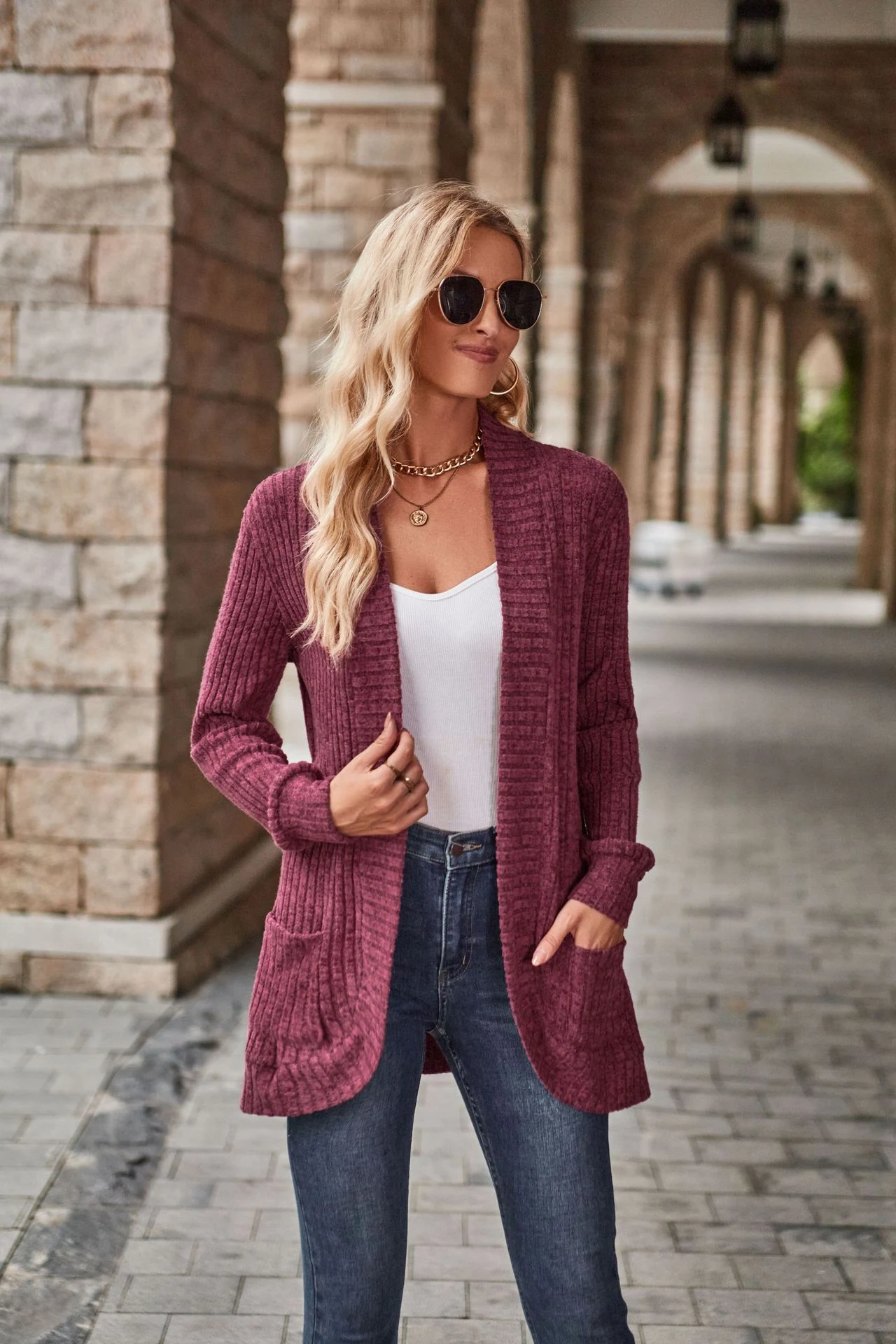 Solid Color Rib Fabric Sanding Casual Patchwork Long Sleeve Cardigan Jacket for relaxed style and all-day comfort. — photo 26