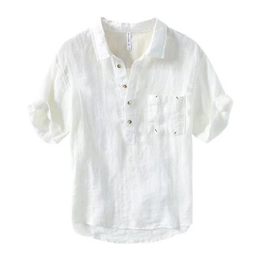 Title 3, Camisa masculina de algodão e linho de manga cu...