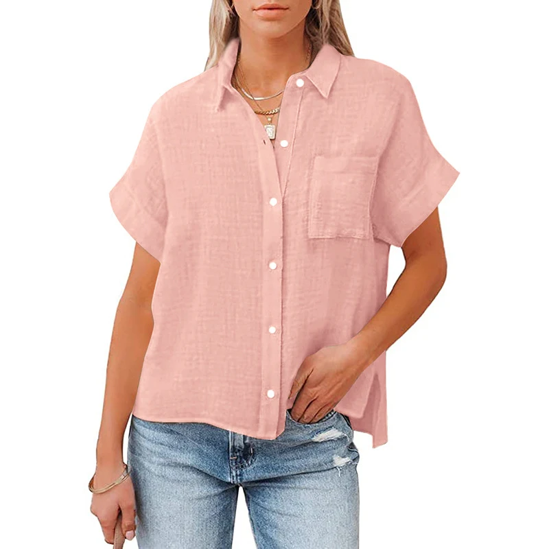 Camicie casual a maniche corte in lino di cotone nuove estive da donna — foto 6