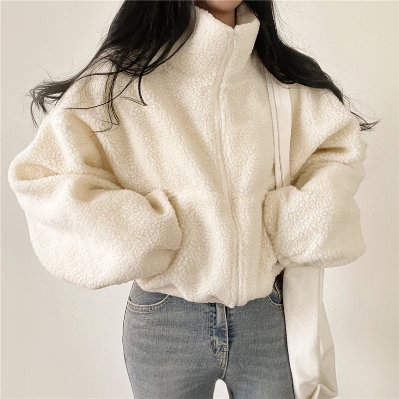 Opstaande kraag thermische faux lamsbontjas dames herfst en winter nieuwe losse temperament zip vest tops — foto 7