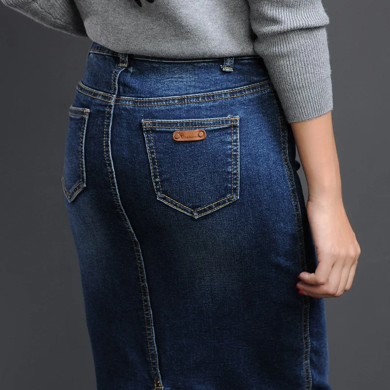 Falda vaquera para mujer, largo medio, talle alto, estilo coreano, ajuste ceñido. Luce elegante y cómoda con esta falda. — foto 7