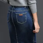 Falda vaquera para mujer, largo medio, talle alto, estilo coreano, ajuste ceñido. Luce elegante y cómoda con esta falda. — foto 7