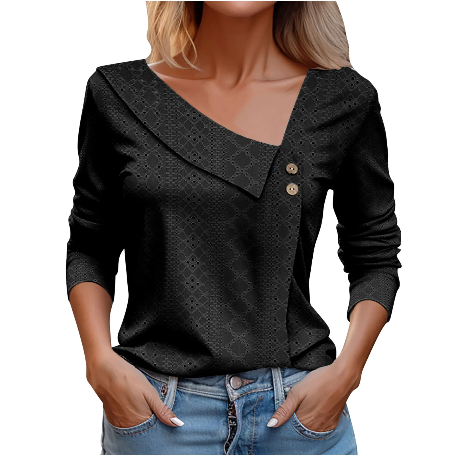 T-shirt d'été européenne américaine pour femmes, couleur unie, col en V, boutons, manches longues, idéale pour un look décontracté et élégant. — photo 1