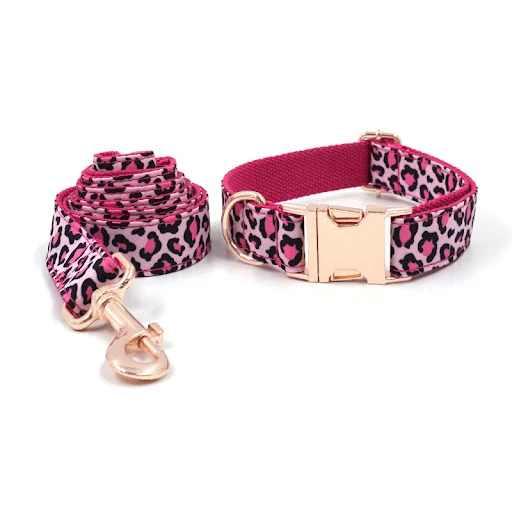 Title 2, Leopard Print Rose Gold Pet Collar Leash Set fo...