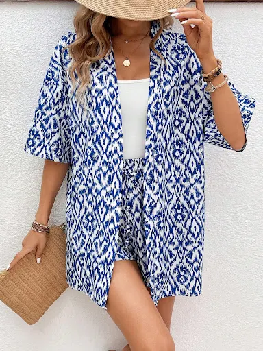 Title 5, Conjunto cardigan feminino com estampa solta. P...