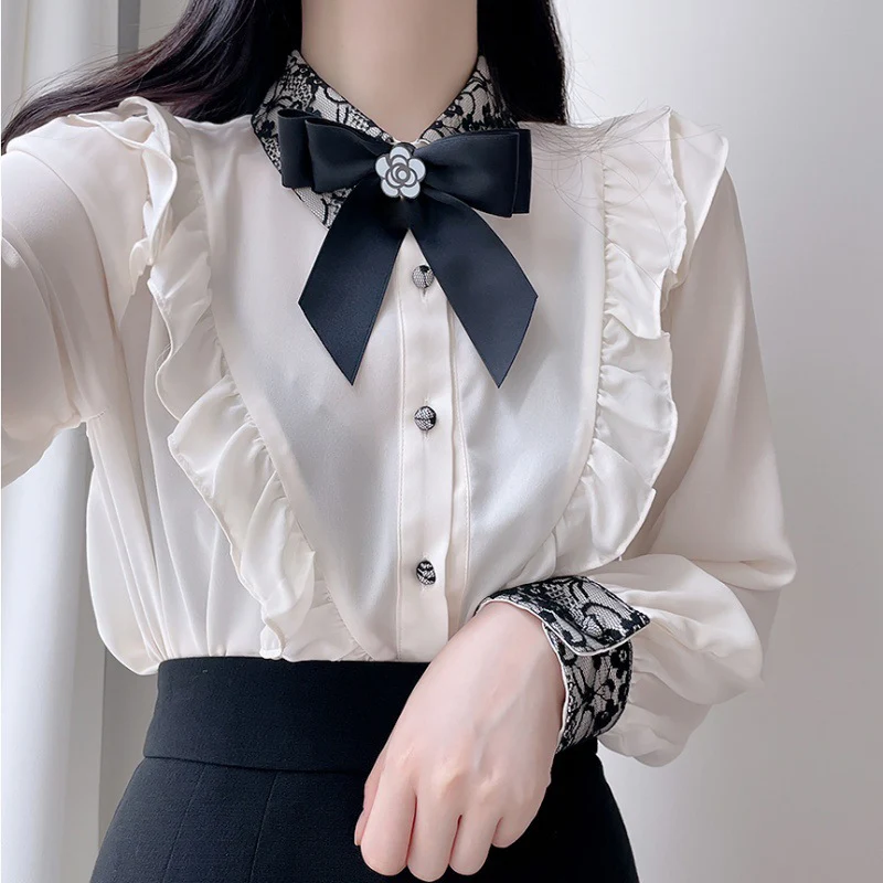 Title 1, Bow Lace White Shirt Womens Long-sleeved Top