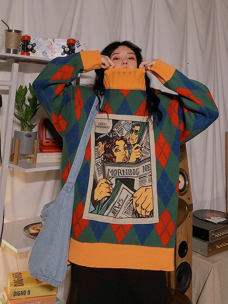 Suéter retrô japonês roupa externa feminino solto gola alta de comprimento médio preguiçoso — foto 5