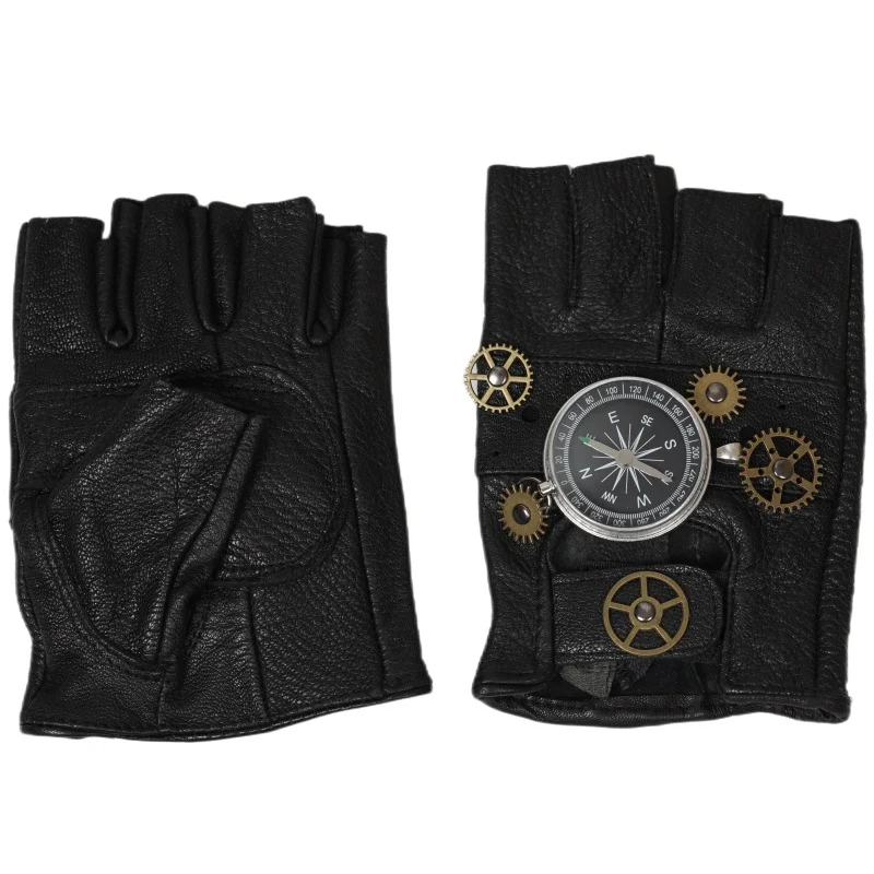 European and American Steampunk leather gloves, half-finger design with gears, compass, and retro style. Perfect for cos — photo 3