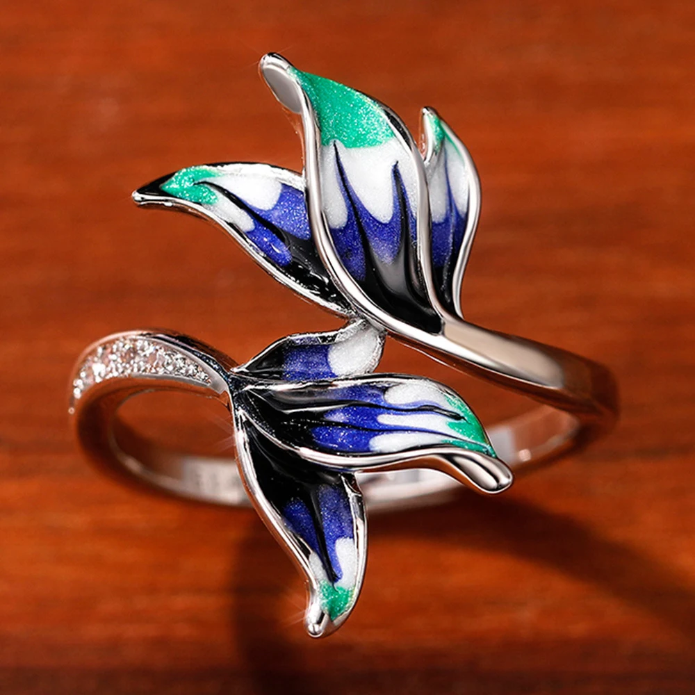 Title 2, Anel feminino com pingente de óleo floral em es...